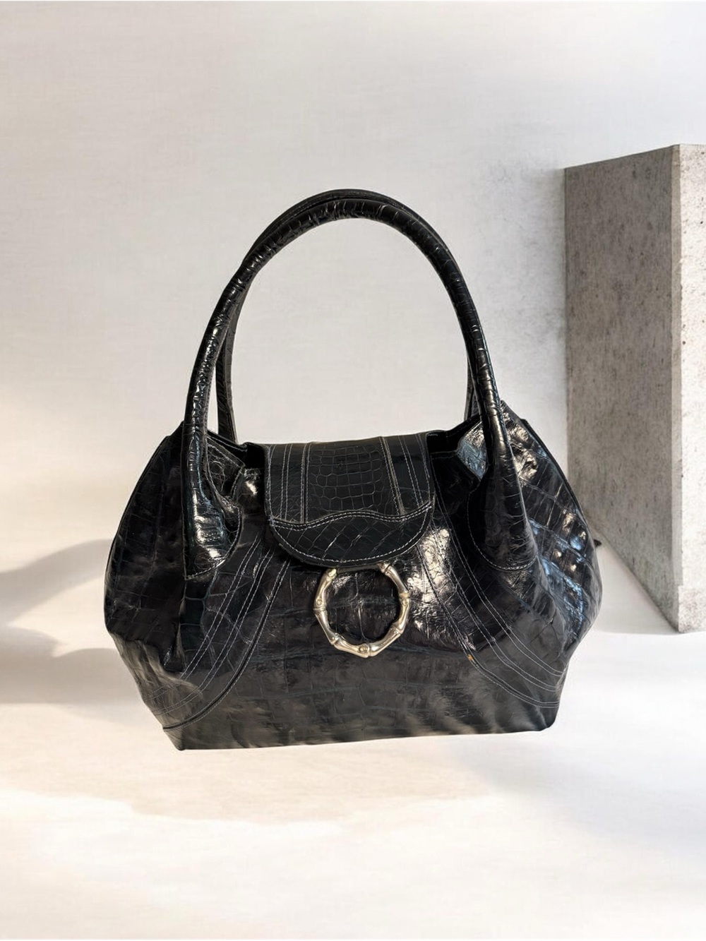 Velia Ubago Midnight Blue Crocodile Leather Bamboo Buckle Handbag